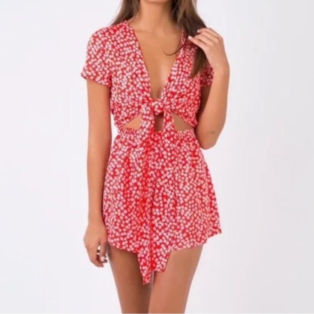 Red Floral Tie-Front Virgo Romper